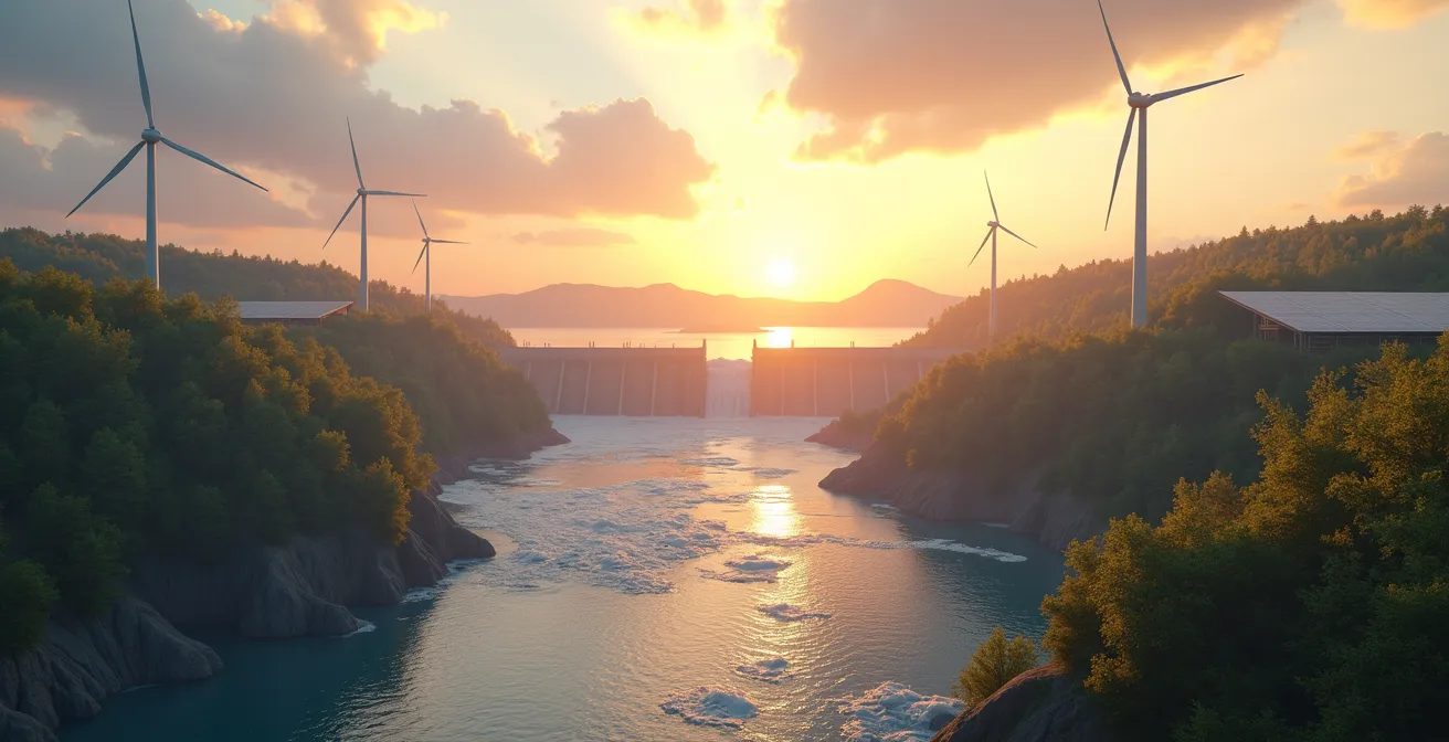 Vue symbolique représentant l'avenir énergétique du Québec avec une intégration harmonieuse des sources renouvelables, comme l'hydroélectricité, le vent, le solaire et les technologies émergentes, sous un ciel clair et dynamique.