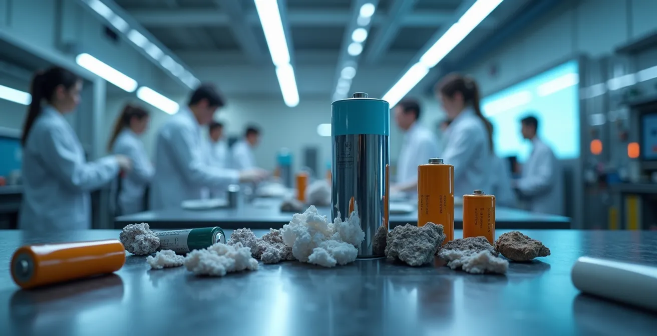 Batteries de nouvelle génération monopolisant le centre d'un laboratoire québécois, avec ingénieurs à l'œuvre et minéraux exposés