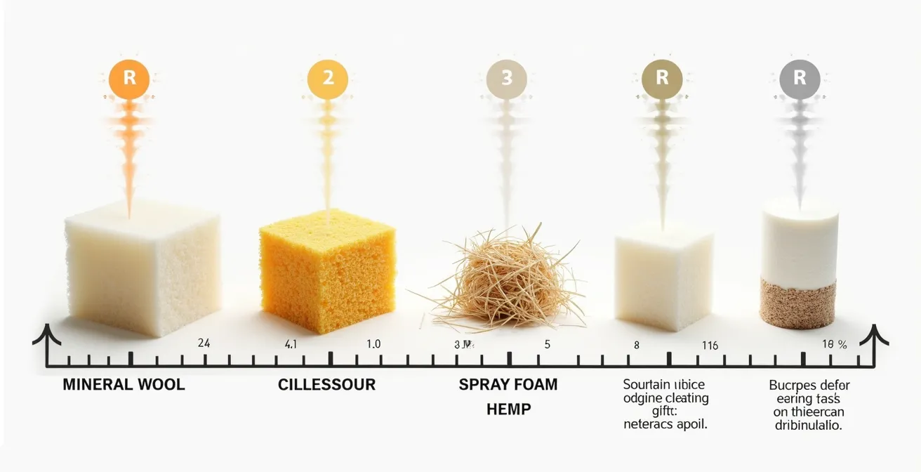 Diagramme comparant différents types d’isolants courants et leur valeur R, avec mise en avant des fuites d’air et de leur importance.