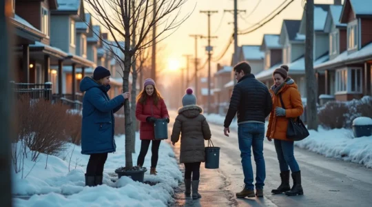 Illustration vivante de citoyens québécois gérant collectivement leur consommation d'énergie et reprenant le contrôle de leur facture, ambiance d'hiver, environnement résidentiel typique du Québec.