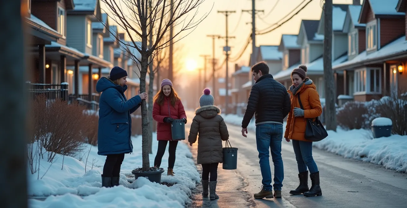 Illustration vivante de citoyens québécois gérant collectivement leur consommation d'énergie et reprenant le contrôle de leur facture, ambiance d'hiver, environnement résidentiel typique du Québec.