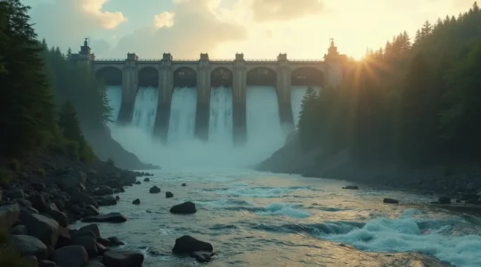 Vue symbolique montrant un immense barrage hydroélectrique québécois fragile sur un socle de piliers fissurés, illustrant les défis énergétiques actuels