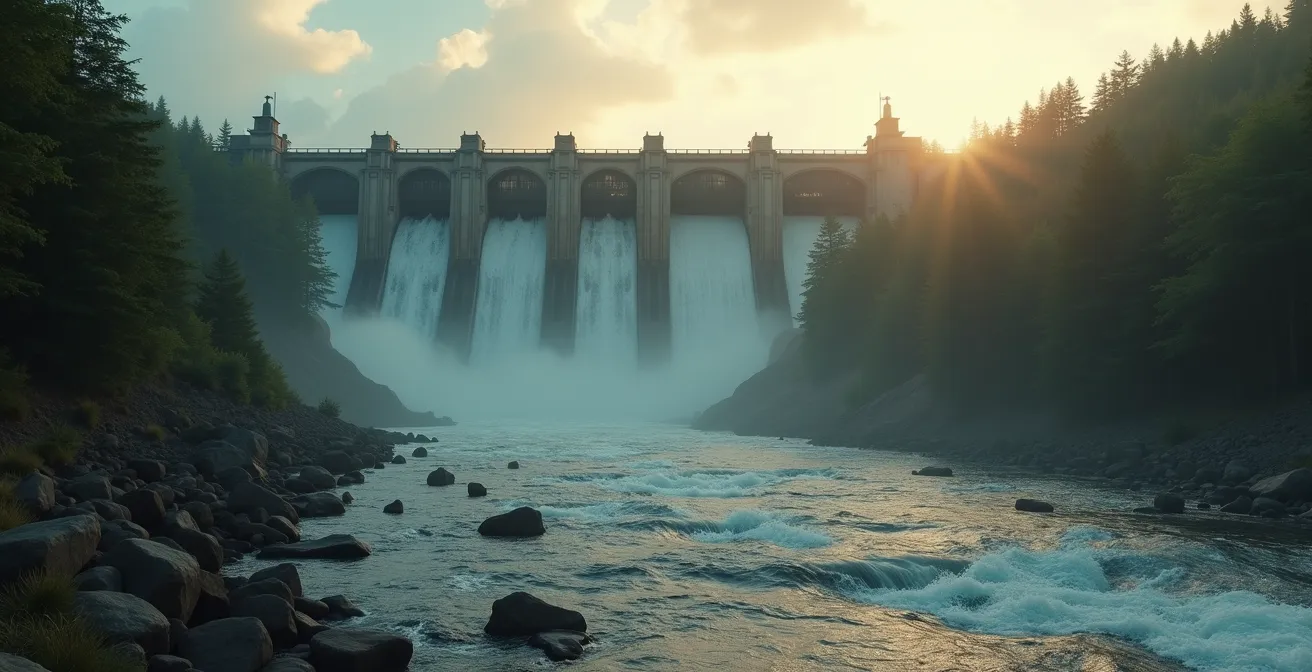 Vue symbolique montrant un immense barrage hydroélectrique québécois fragile sur un socle de piliers fissurés, illustrant les défis énergétiques actuels