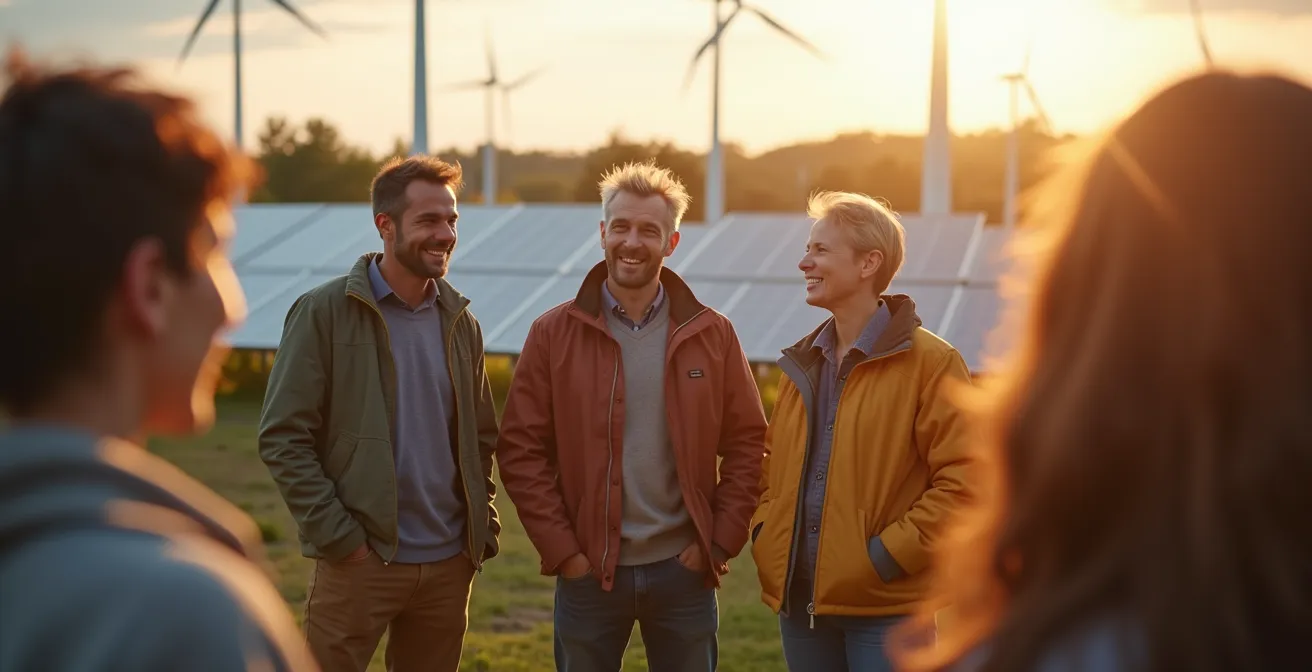 Photo d’une réunion communautaire en plein air avec des panneaux solaires et des éoliennes en arrière-plan au Québec, symbolisant la coopération énergétique citoyenne.