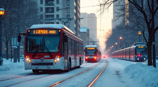 Vue panoramique d'un autobus électrique, un métro et un train électrique, illustrant l'électrification des transports collectifs au Québec en hiver