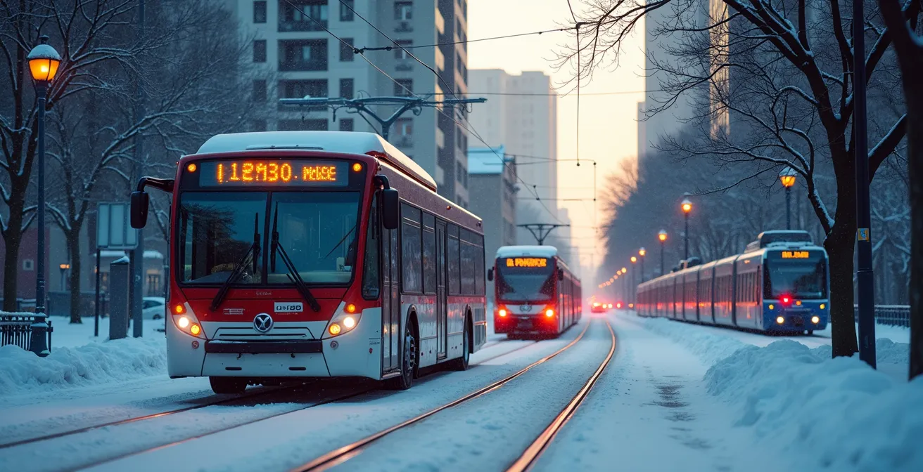 Vue panoramique d'un autobus électrique, un métro et un train électrique, illustrant l'électrification des transports collectifs au Québec en hiver