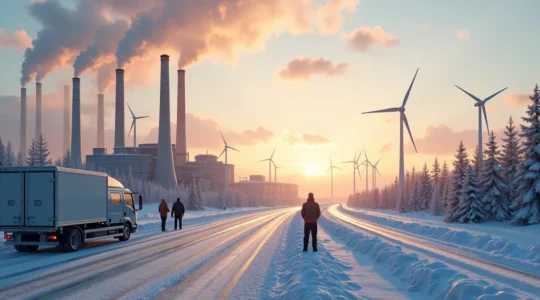 Vue panoramique symbolique de l'industrie québécoise en mutation vers des énergies propres et durables