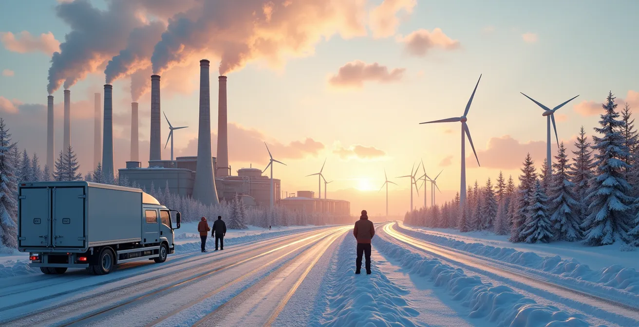 Vue panoramique symbolique de l'industrie québécoise en mutation vers des énergies propres et durables