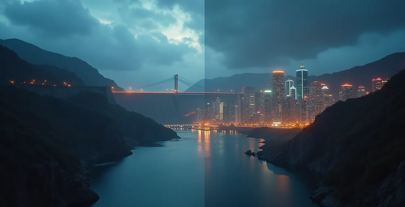 Illustration symbolique montrant un barrage hydroélectrique d'un côté et de l'autre, une ville numérique illuminée représentant les negawatts et l'efficacité énergétique.