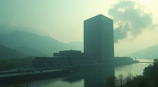 Représentation symbolique d'une entreprise québécoise face à une grande ombre carbone, symbolisant la mesure et la réduction de son impact environnemental