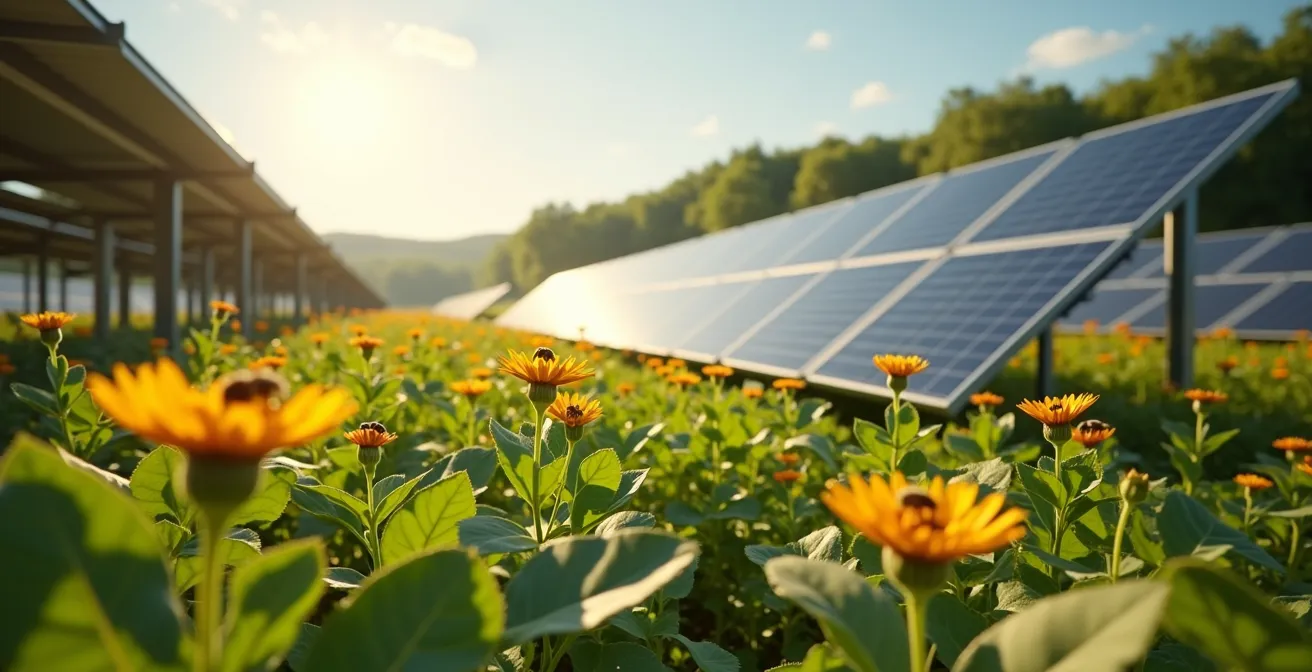 Ferme solaire agrivoltaïque au Québec avec panneaux solaires surélevés et cultures sous-ombragées, abeilles et pollinisateurs visibles