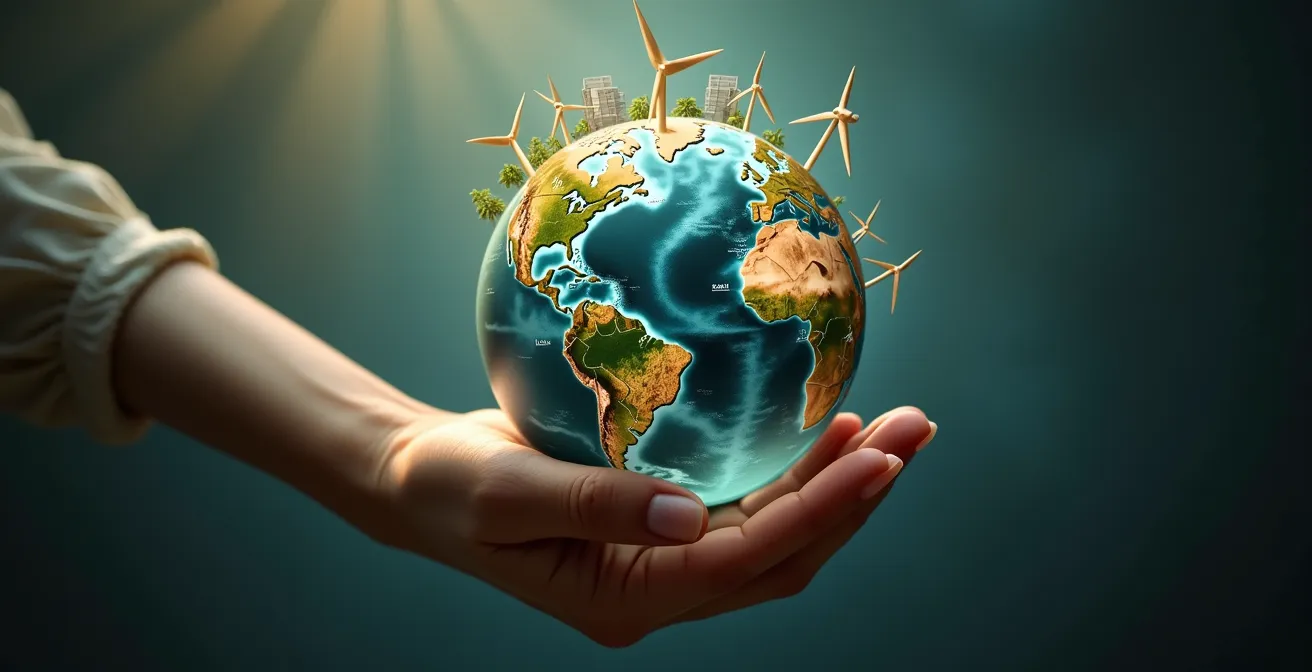 Image symbolique montrant une main tenant un globe énergétique avec des billets de banque et des symboles d'énergie renouvelable, illustrant le rôle financier de la Caisse de dépôt dans la transition énergétique au Québec