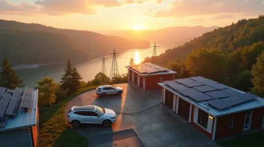 Illustration symbolique montrant un réseau électrique québécois flexible avec panneaux solaires, voitures électriques et barrages hydroélectriques intégrés