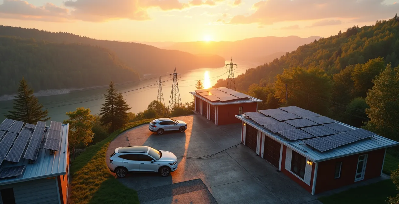 Illustration symbolique montrant un réseau électrique québécois flexible avec panneaux solaires, voitures électriques et barrages hydroélectriques intégrés