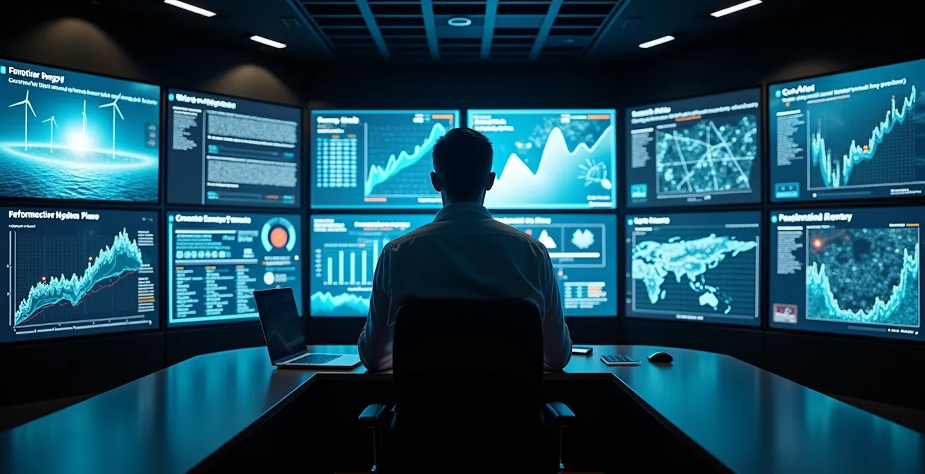 Vue illustrée d’un centre de contrôle du réseau électrique au Québec utilisant l’intelligence artificielle pour gérer la production solaire, éolienne et hydroélectrique en temps réel.