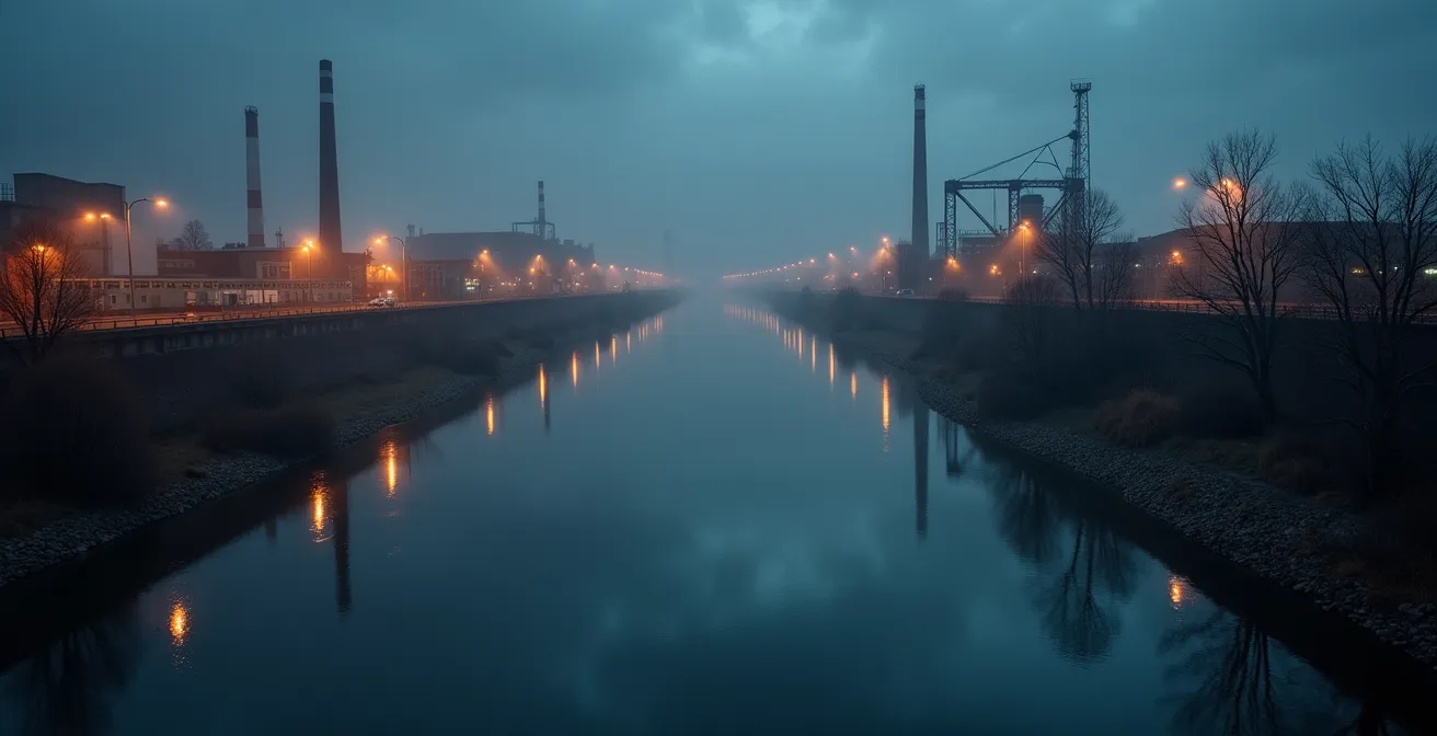 Image symbolique d’une rivière québécoise avec des usines éco-responsables utilisant de l'eau de manière durable