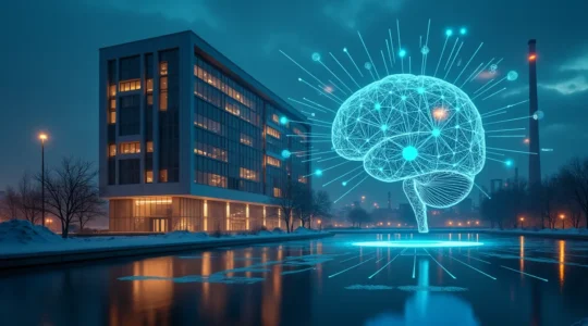 Vue d'ensemble symbolique d'un bâtiment industriel et un bâtiment tertiaire au Québec avec des éléments graphiques représentant la gestion intelligente de l'énergie, comme des capteurs, des données et un cerveau digital.