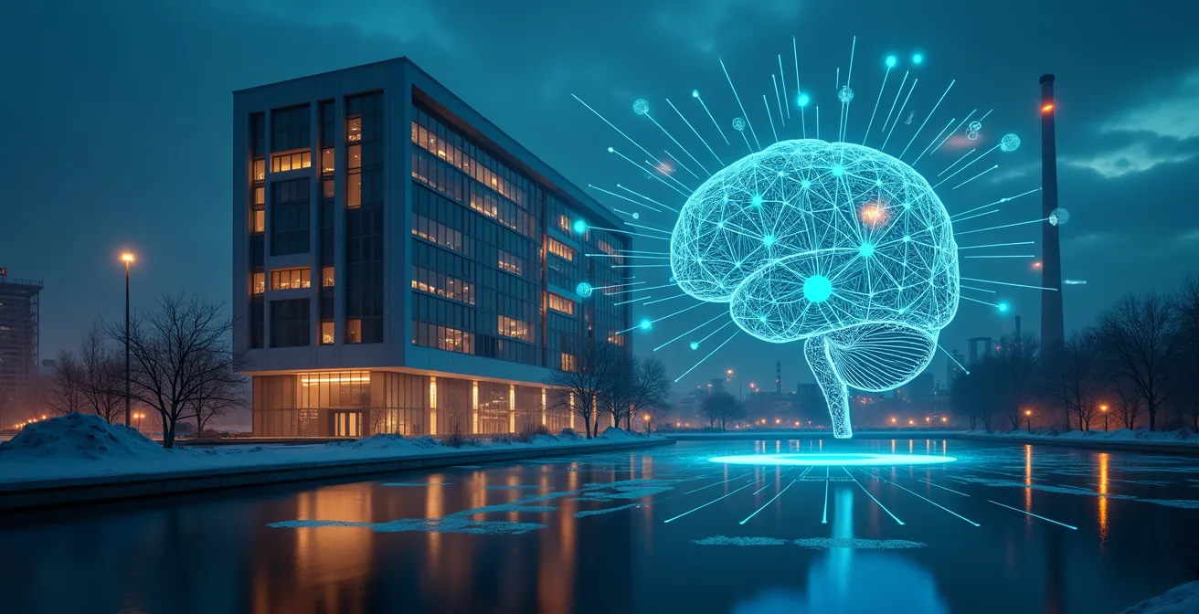 Vue d'ensemble symbolique d'un bâtiment industriel et un bâtiment tertiaire au Québec avec des éléments graphiques représentant la gestion intelligente de l'énergie, comme des capteurs, des données et un cerveau digital.