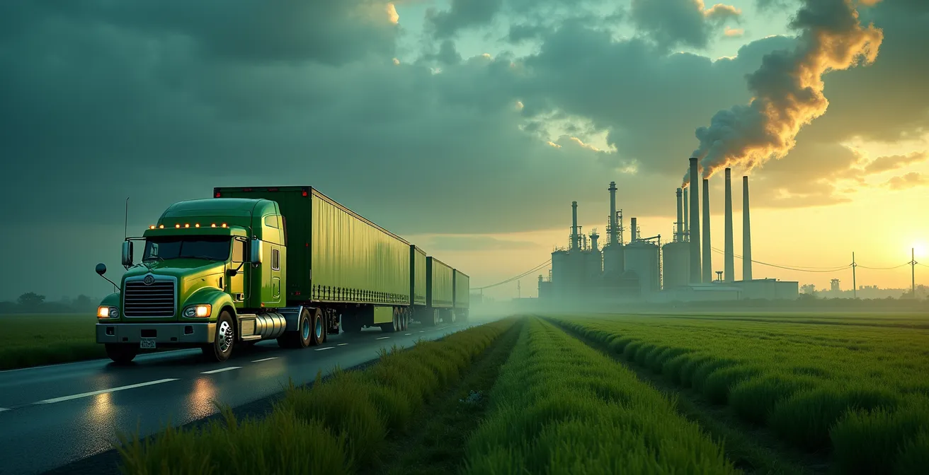 Illustration symbolique de l'hydrogène vert et des bioénergies soutenant les secteurs du transport lourd et de l'industrie lourde au Québec.