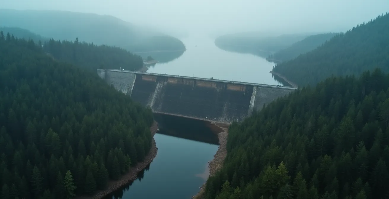 Barrages en milieu forestier québécois vu du ciel, montrant les zones inondées et la modification de la rivière.