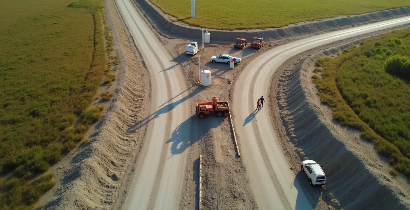 Vue aérienne d'un projet d'implantation éolien montrant les chemins d'accès, le réseau collecteur enfoui et la sous-station, intégrés harmonieusement dans un paysage rural.