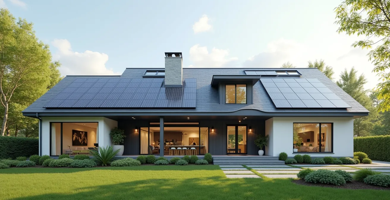 Maison québécoise avec panneaux solaires intégrés sur toiture, façade et jardin, montrant différentes options d'installation.