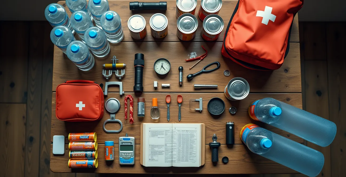 Kit d'urgence 72 heures avec éléments essentiels disposés sur une table pour préparation à une panne majeure
