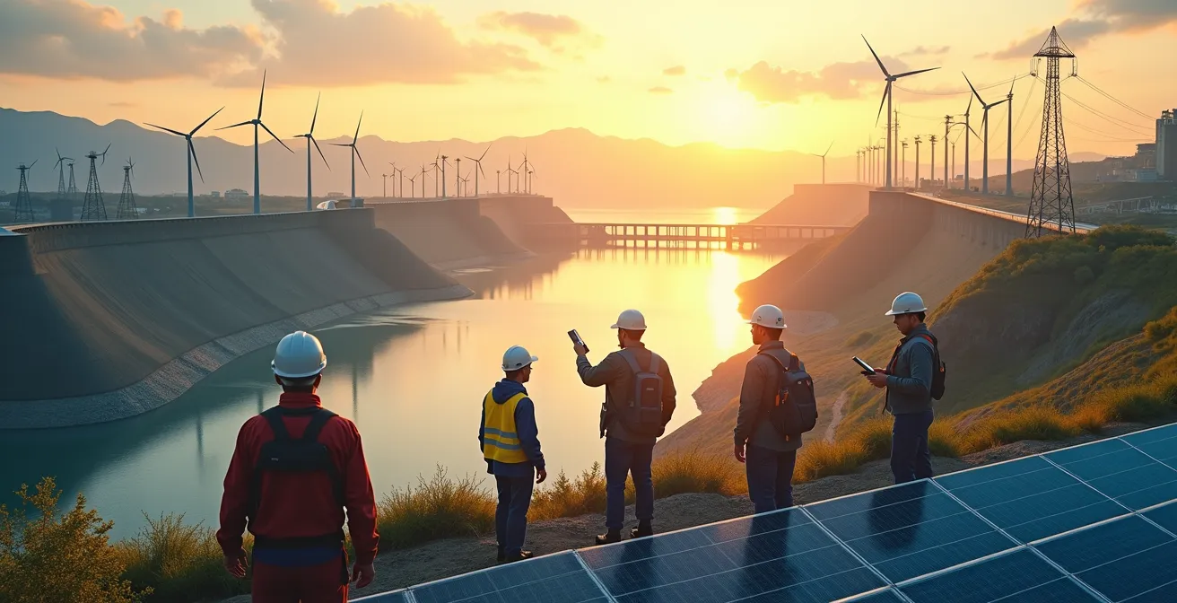 Vue panoramique d'un paysage québécois réunissant barrages, lignes électriques intelligentes, fermes solaires, éoliennes et travailleurs modernes, symbolisant la transition énergétique