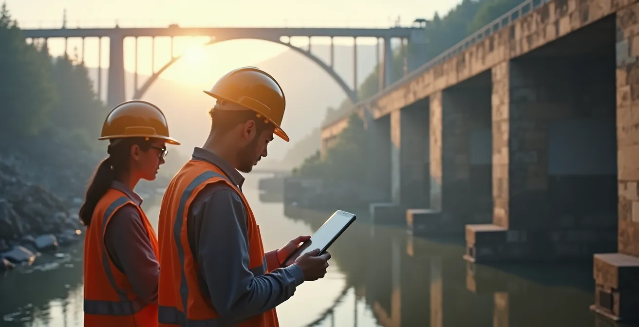 Photographie symbolique d’une équipe d’ingénieurs inspectant un barrage hydroélectrique ancien avec équipements modernes de numérisation et capteurs IoT.