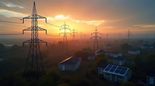 Vue panoramique d'un réseau électrique moderne au Québec avec pylônes, lignes, panneaux solaires résidentiels, et une infrastructure intelligente intégrée.