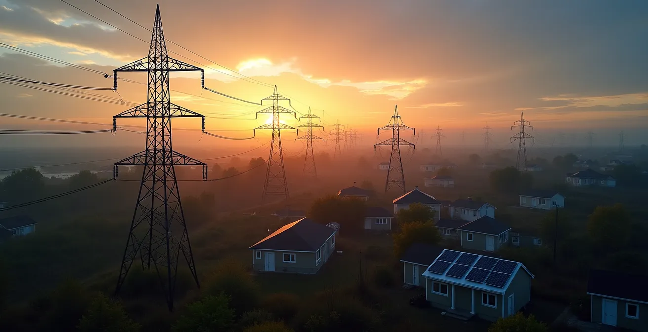 Vue panoramique d'un réseau électrique moderne au Québec avec pylônes, lignes, panneaux solaires résidentiels, et une infrastructure intelligente intégrée.