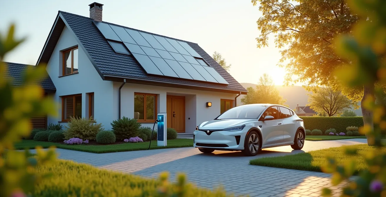 Photographie montrant une maison avec des panneaux solaires et une voiture électrique connectée au réseau électrique