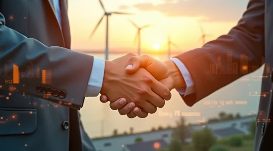 Illustration symbolique représentant un partenariat public-privé pour la transition énergétique au Québec avec des images de turbines éoliennes, panneaux solaires, infrastructures énergétiques et éléments financiers