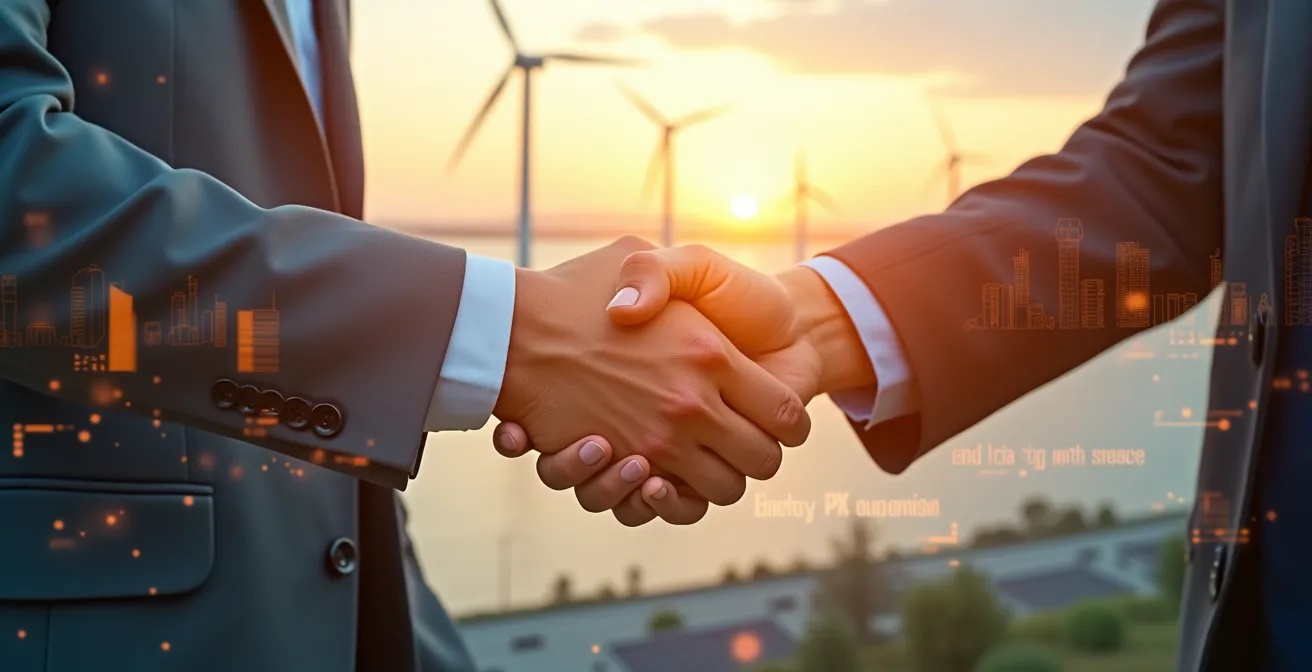 Illustration symbolique représentant un partenariat public-privé pour la transition énergétique au Québec avec des images de turbines éoliennes, panneaux solaires, infrastructures énergétiques et éléments financiers