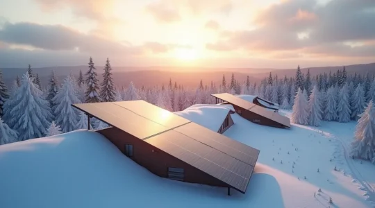 Vue hivernale au Québec avec panneaux solaires bifaciaux couverts de neige réfléchissant la lumière du soleil