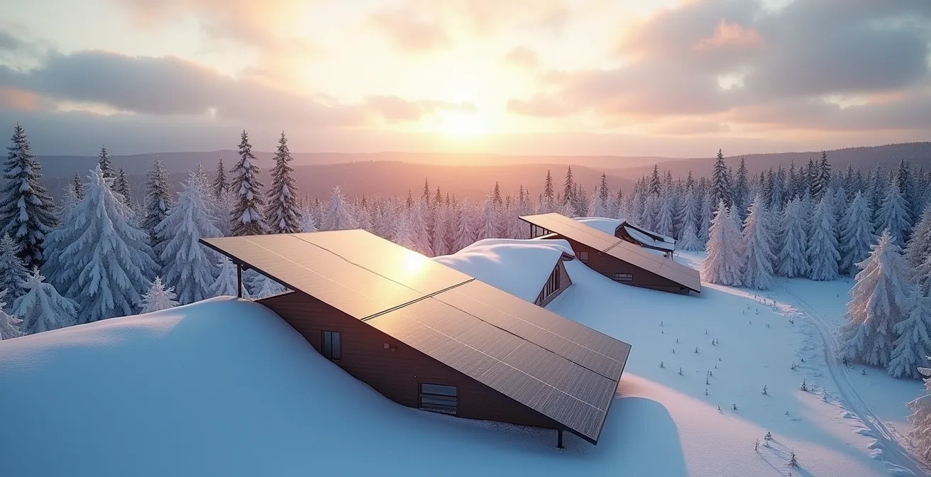 Vue hivernale au Québec avec panneaux solaires bifaciaux couverts de neige réfléchissant la lumière du soleil