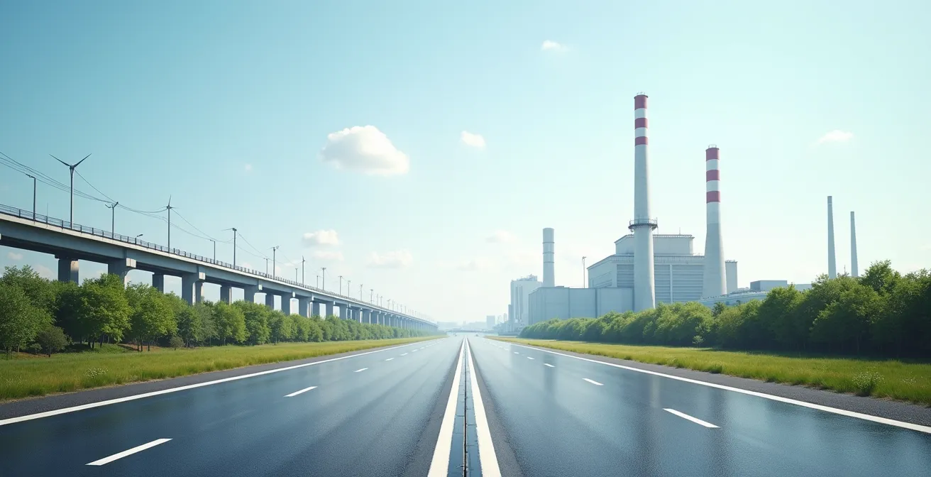Illustration comparative symbolique montrant deux chemins distincts : l'un représentant un partenariat public-privé avec un bâtiment moderne et l'autre la commande publique traditionnelle avec une usine énergique classique