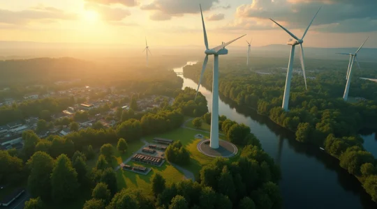 Vue symbolique du Québec avec des éléments représentant les défis climatiques et l'innovation verte