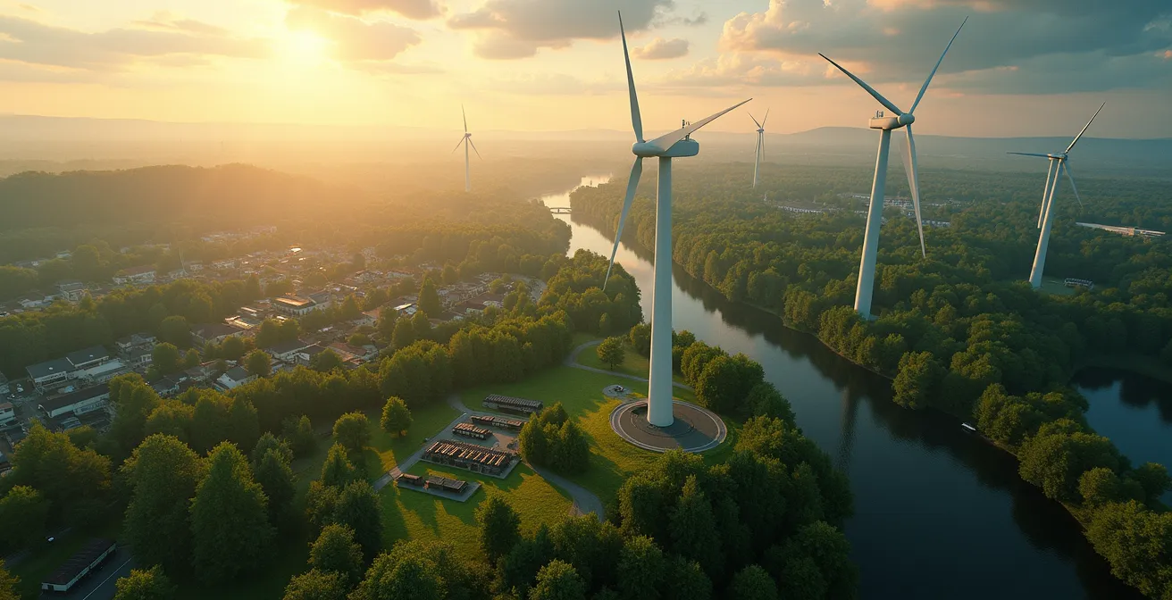Vue symbolique du Québec avec des éléments représentant les défis climatiques et l'innovation verte
