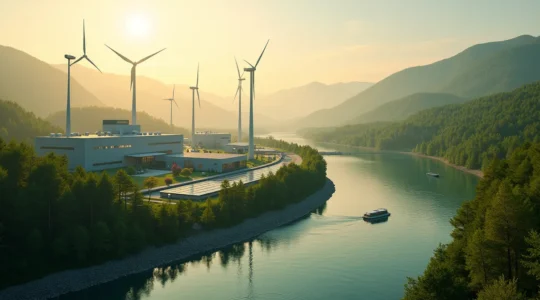 Vue panoramique d'une zone industrielle verte au Québec combinant technologies propres et paysages naturels préservés
