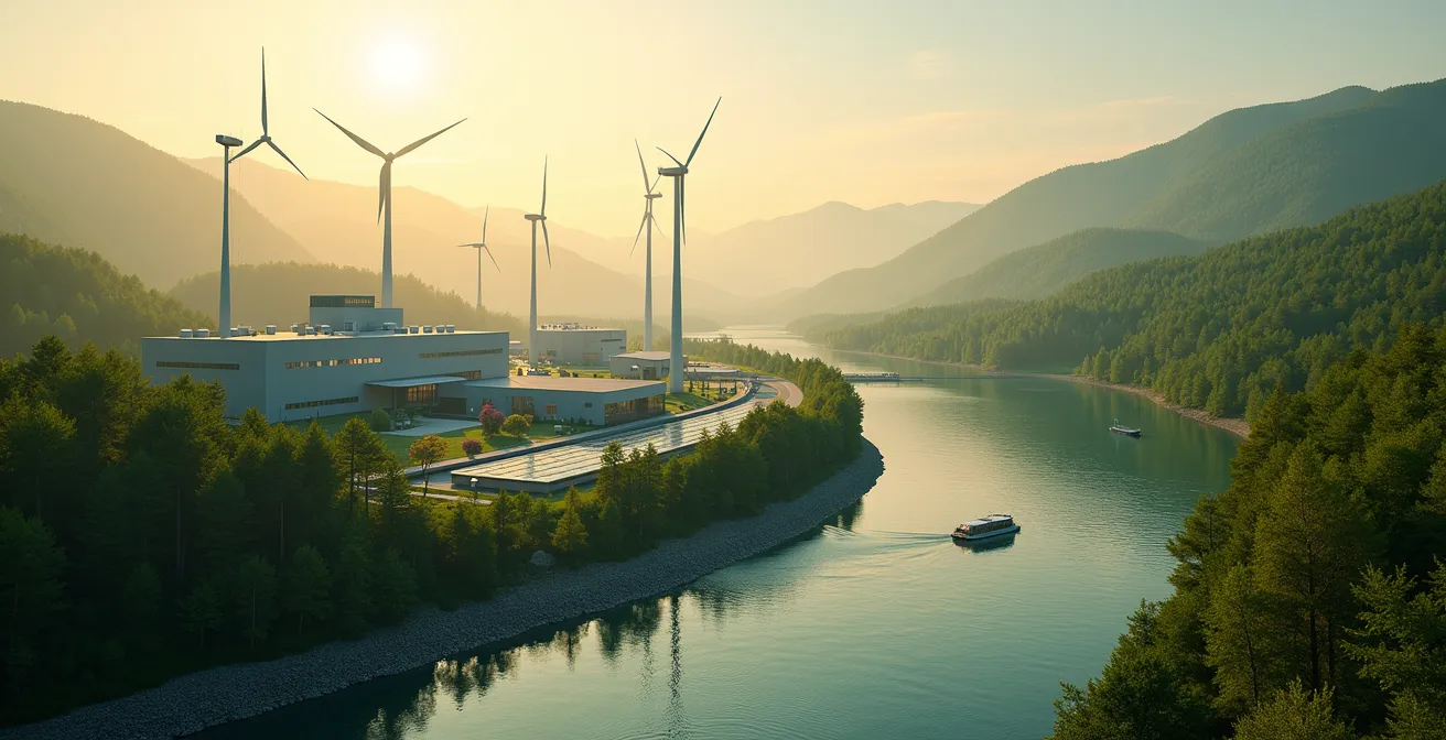Vue panoramique d'une zone industrielle verte au Québec combinant technologies propres et paysages naturels préservés