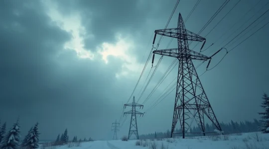 Vue symbolique du réseau électrique québécois avec des pylônes électriques renforcés face à une tempête hivernale dramatique