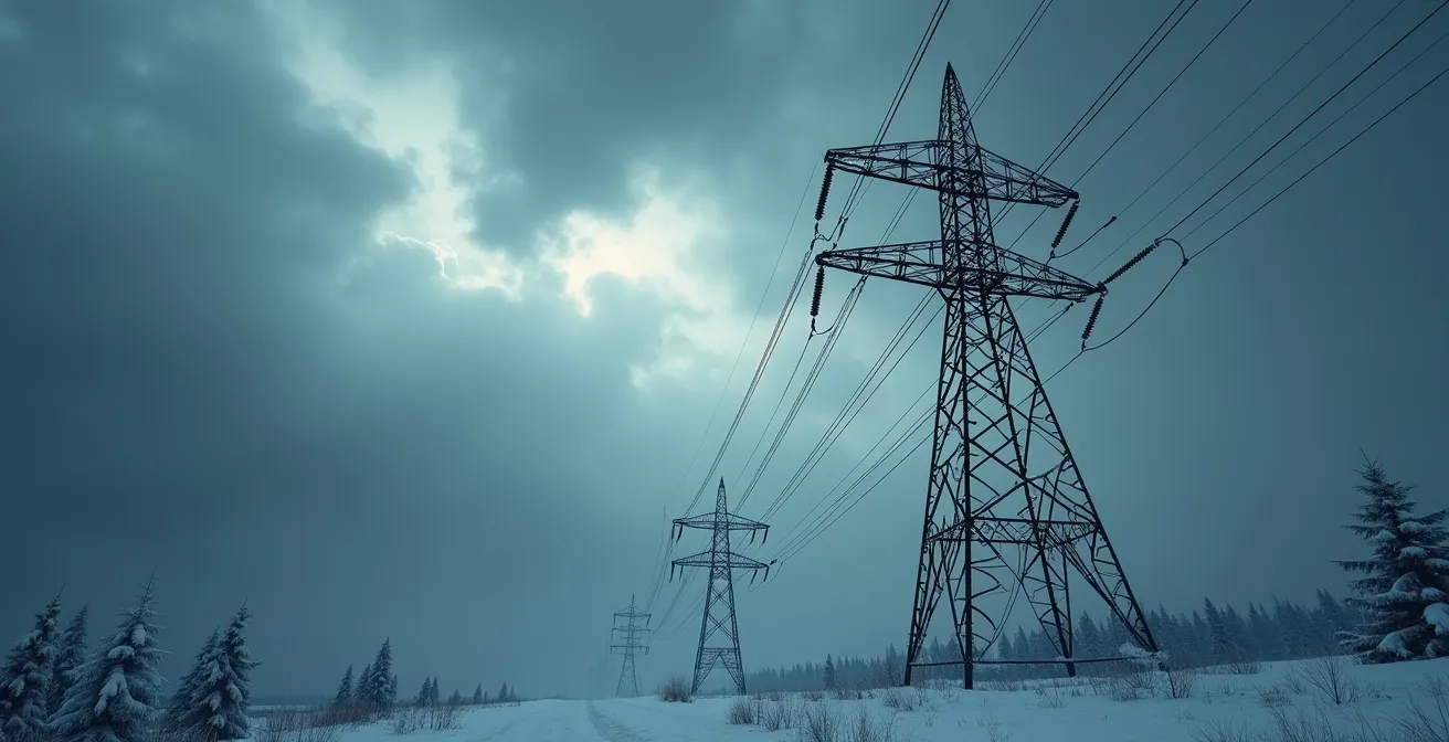 Vue symbolique du réseau électrique québécois avec des pylônes électriques renforcés face à une tempête hivernale dramatique