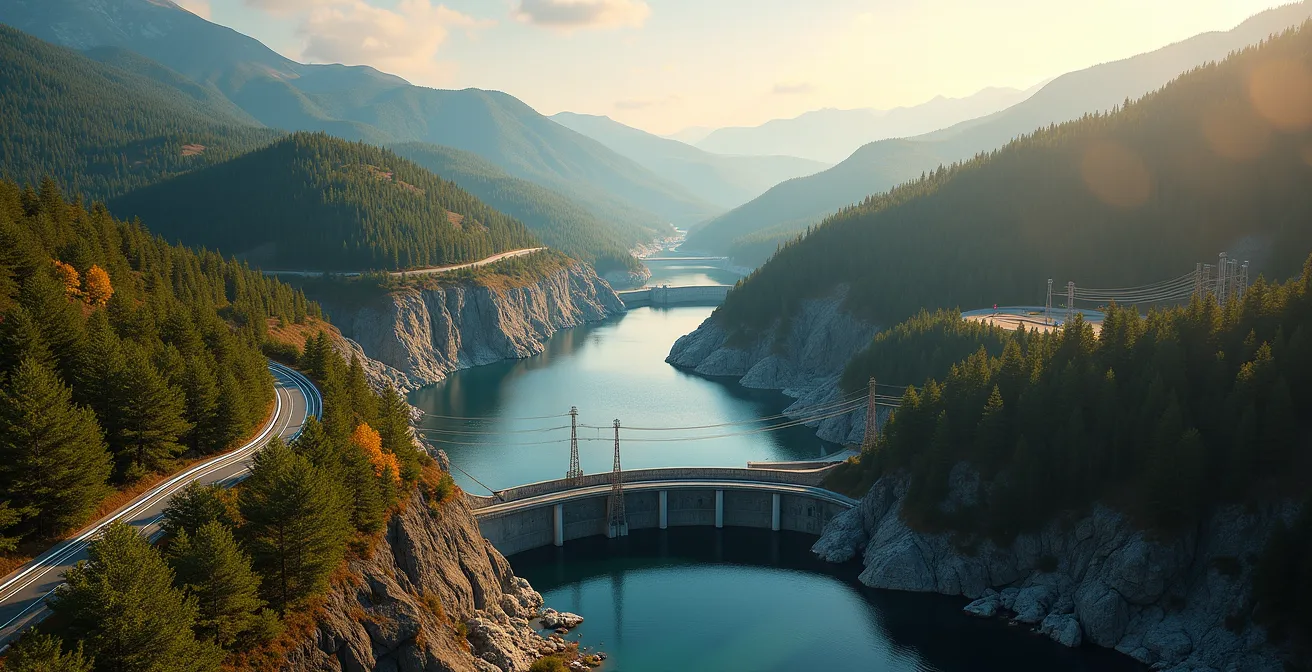 Vue symbolique d’une centrale à stockage par pompage dans une région montagneuse du Québec avec réservoirs d’eau et infrastructures électriques