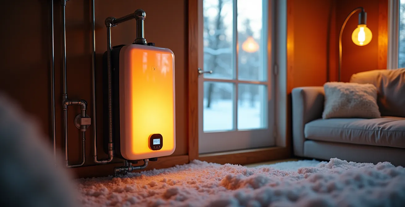 Image symbolique montrant une maison québécoise avec un chauffe-eau piloté intelligemment et des sondes géothermiques connectées au sol