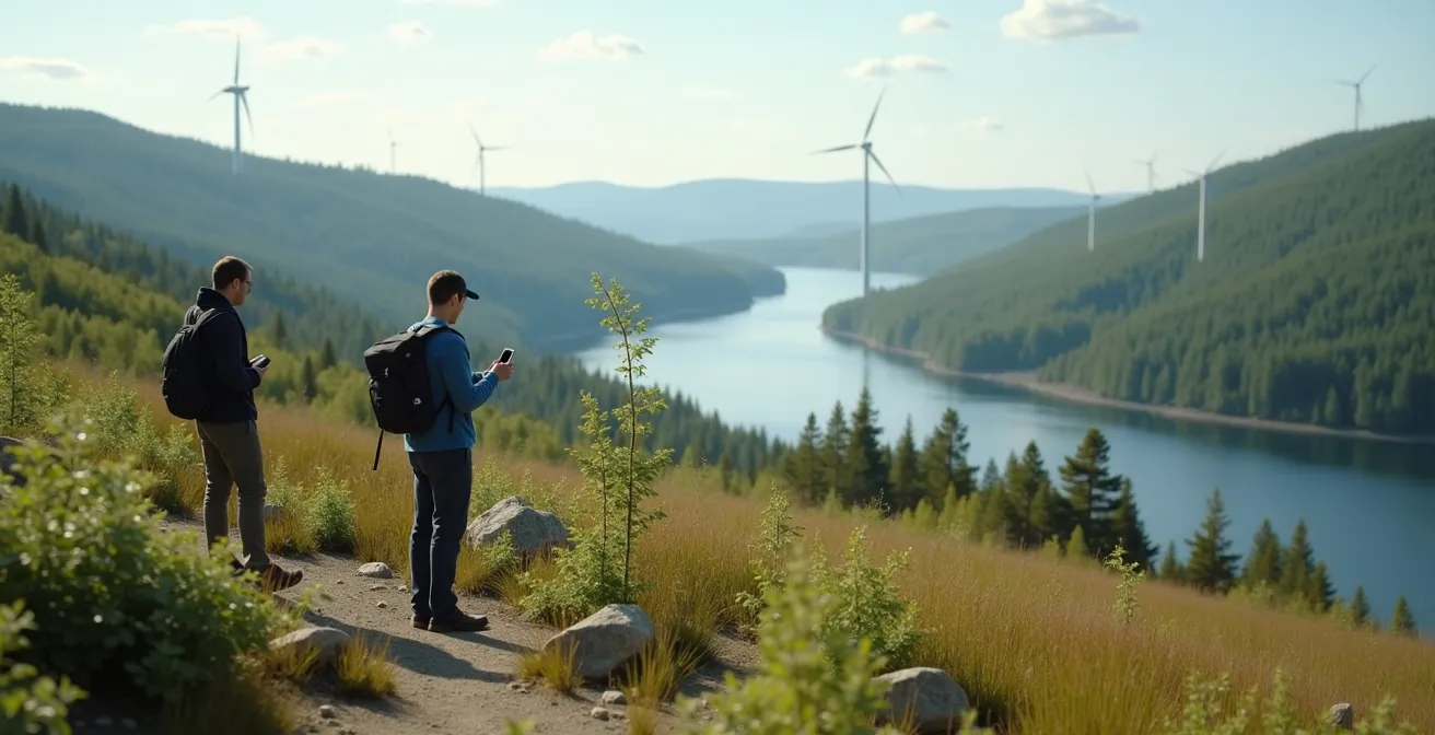 Scène montrant des techniciens installant des capteurs environnementaux dans un paysage québécois diversifié (forêt, cours d'eau, éoliennes).