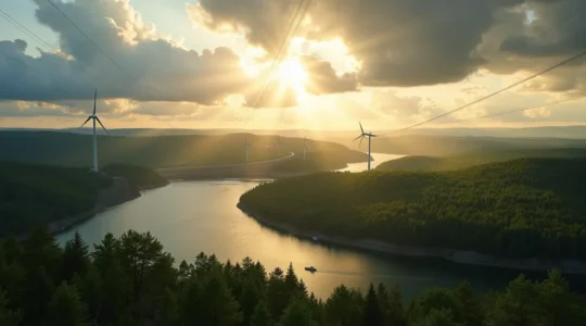 Vue panoramique de paysages québécois mêlant centrales hydroélectriques, parcs éoliens et forêts dans une lumière dorée, symbolisant la transition énergétique et la préservation environnementale.