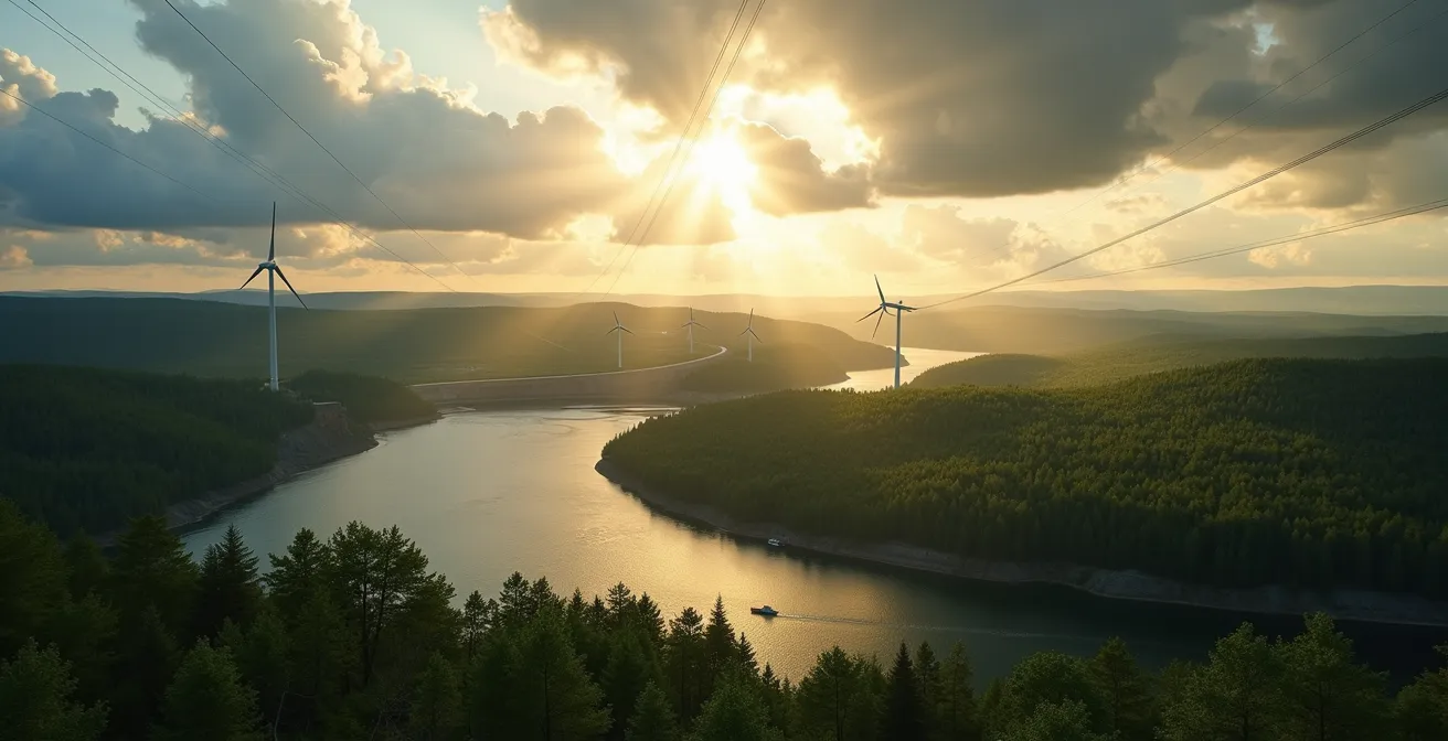 Vue panoramique de paysages québécois mêlant centrales hydroélectriques, parcs éoliens et forêts dans une lumière dorée, symbolisant la transition énergétique et la préservation environnementale.