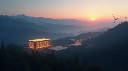 Paysage symbolique du Québec avec éoliennes, panneaux solaires et une batterie géante symbolisant le stockage d'énergie renouvelable