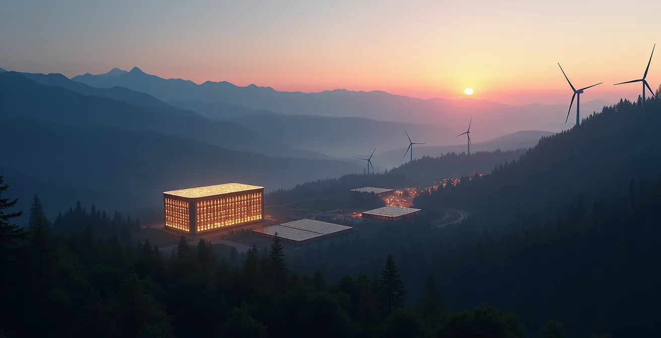 Paysage symbolique du Québec avec éoliennes, panneaux solaires et une batterie géante symbolisant le stockage d'énergie renouvelable